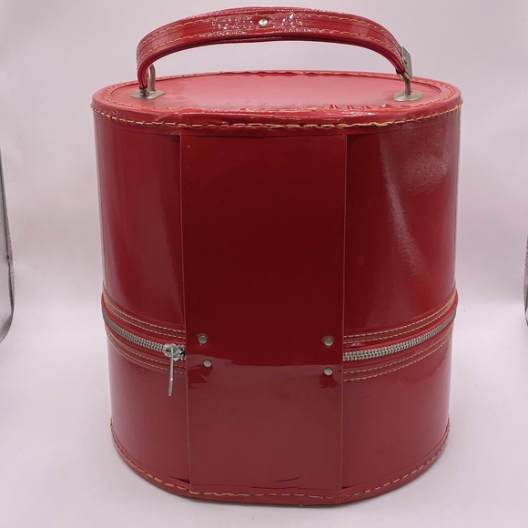 Vtg 60's Hat Wig Box Luggage Travel Carry Case Retro Mod Round Zipper Handle - Picture 3 of 12